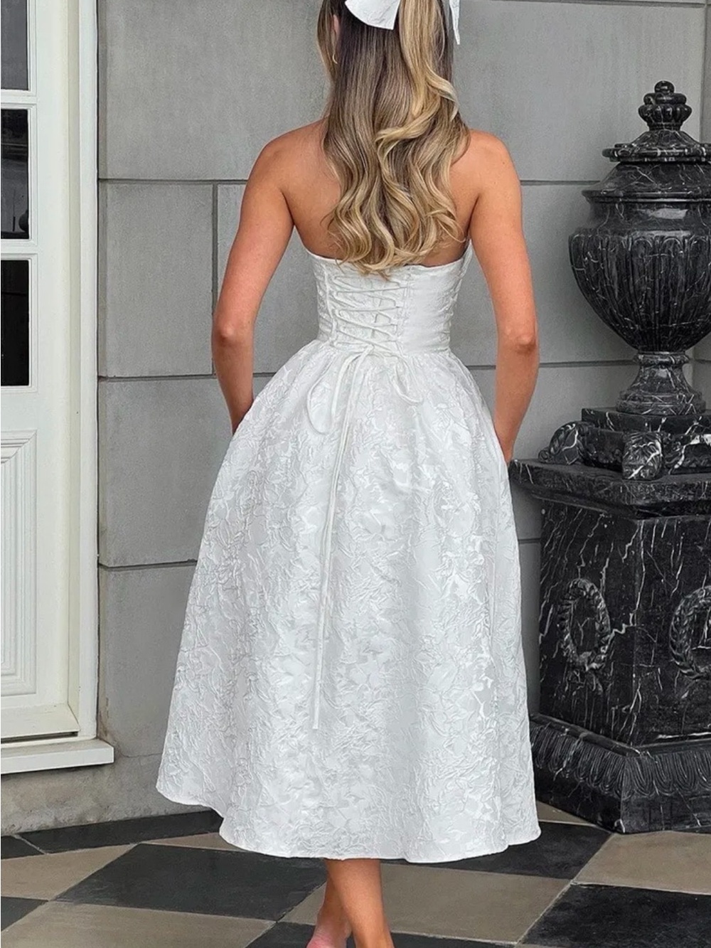 Strapless White Jacquard Midi Dress